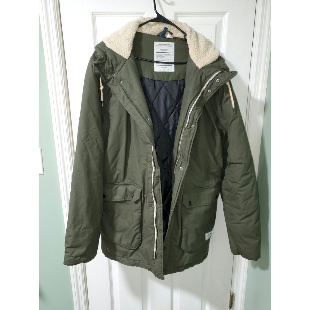 HM Divided Mens XL Olive Green Sherpa Lined Hooded Parka Jacket Quilted Coat